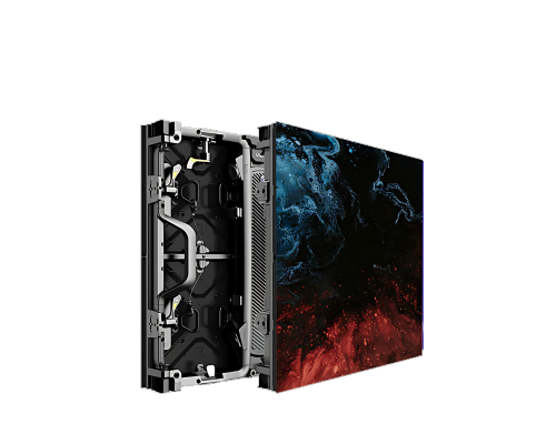 Unilumin URMIII 1.9 LED-Modul, vorne mit blauen/roten Grafiken, hinten offene Technik vor hellem Hintergrund.