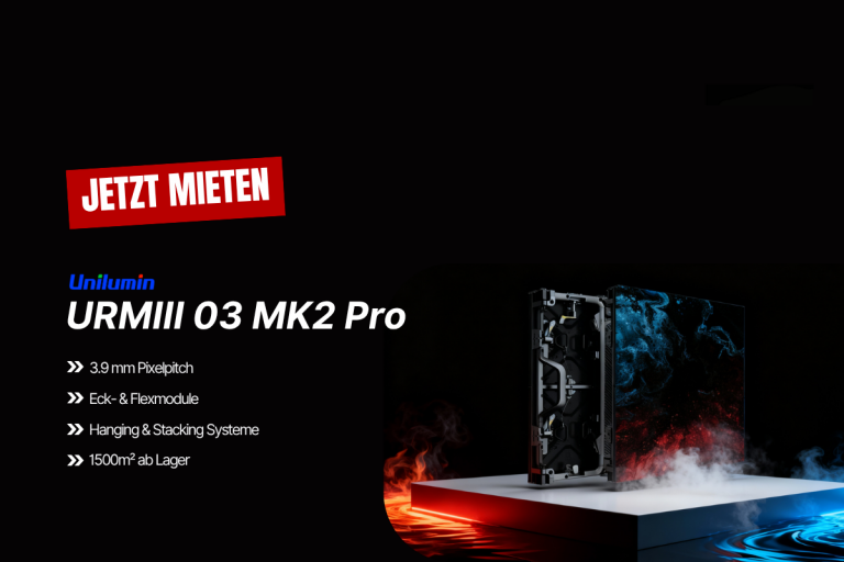 LED-Display Panel Unilumin, rotes/blaues Hintergrundbild, 3,9 mm Pixel Pitch, 1500 m² Lagerfläche, JETZT MIETEN Hinweis.