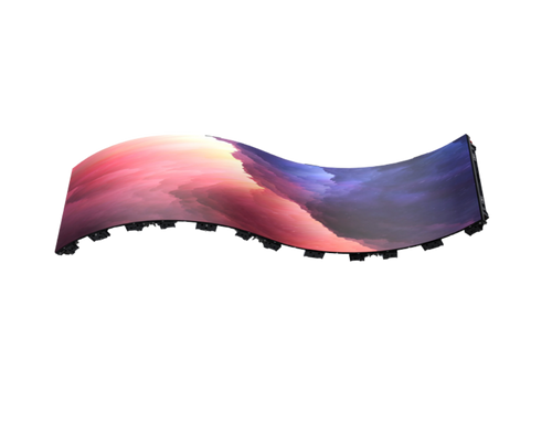 Unilumin URMIII 1.9 curved LED-Display mit buntem Muster in Pink, Lila und Blau vor weißem Hintergrund.