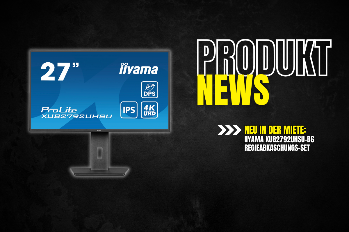 Iiyama ProLite XUB2792UHSU Monitor und Unilumin URMIII 03 MK2 Pro nebeneinander, beide als Mietgeräte mit Hintergrundschutz.