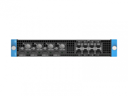 Output Karte für Pixelhue Q8: Schwarzes Modul mit blauen Griffen, 4 HDMI/SDI-Anschlüssen und doppelten Glasfaser-Ports rechts.