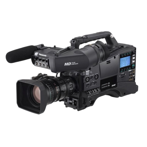 Professionelle HD-Videokamera mit großem Objektiv, eingebautem Mikrofon, praktischem Tragegriff sowie mehreren Bedientasten und Displayanzeigen - ideal für hochwertige Videoaufnahmen; die Kamera ist zum Kauf oder zur Miete erhältlich.