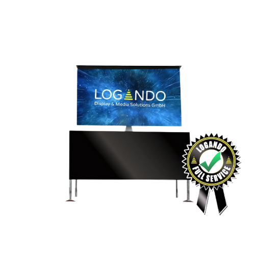 Mobiles LED Wand Display von LOGANDO auf schwarzem Standfuß, rechts daneben Logo als Full Service Badge mit Schleife.