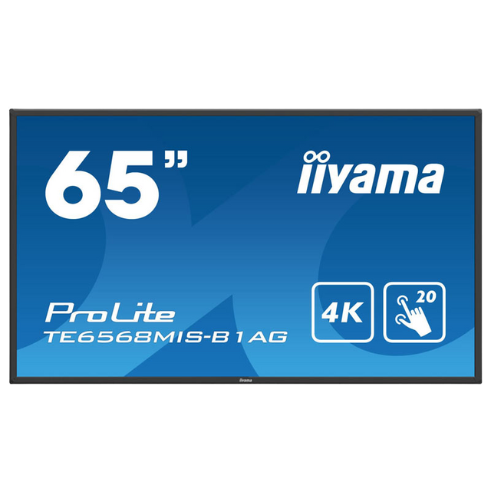 Iiyama ProLite TE6568MIS-B1AG: 65-Zoll 4K Touchscreen mit Icons für 4K-Auflösung und 20-Punkt-Touch auf blauem Hintergrund.